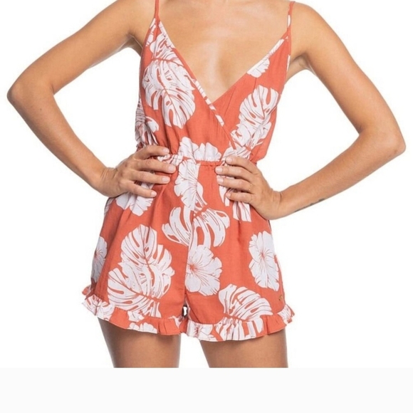 Roxy Tropical Print Romper Rust Orange With White Botanical Floral Pattern - Picture 1 of 7
